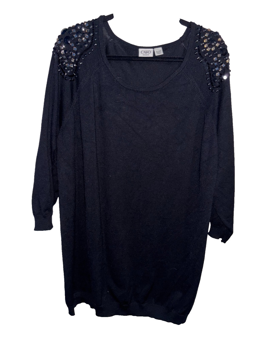 Cato Woman 22/24W Black Beaded Sequin Shoulder Tunic Top Plus Size Holiday Glam